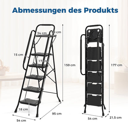 5-Step Folding Ladder with Tool Tray, 150 kg Capacity