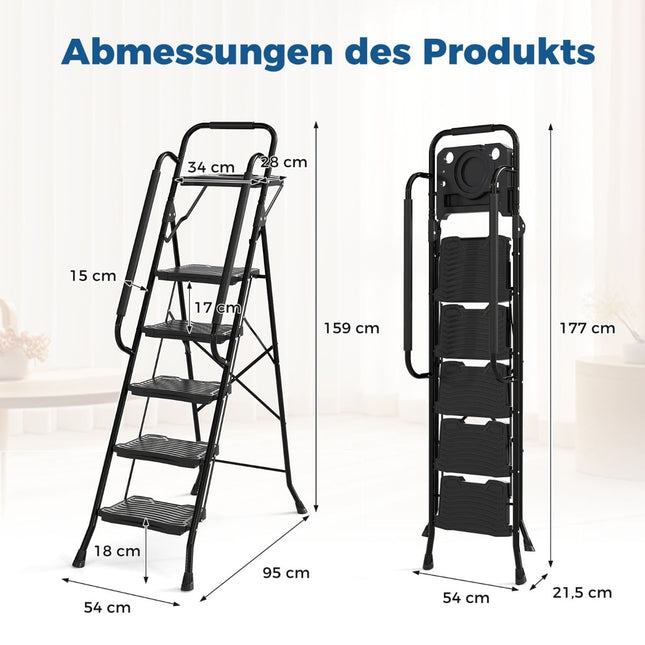 5-Step Folding Ladder with Tool Tray, 150 kg Capacity