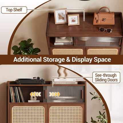 5-Tier Bamboo Shoe Cabinet with Rattan Sliding Doors