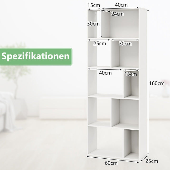 5 Tier Bookcase with 10 Compartments Freestanding Room Divider Wooden Shelf Open Shelf