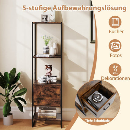 5 Tier Bookcase with Drawer &amp; Metal frame bookcase modern standing shelf brown
