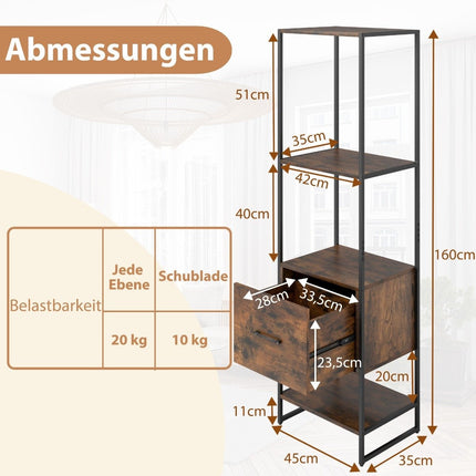 5 Tier Bookcase with Drawer &amp; Metal frame bookcase modern standing shelf brown