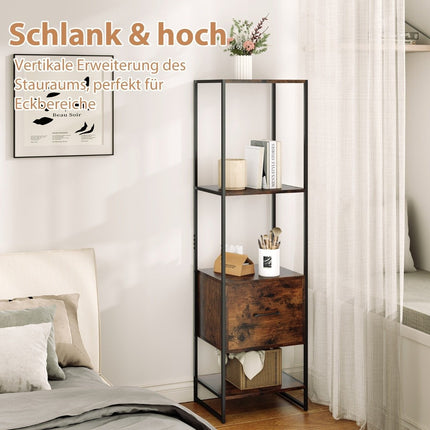 5 Tier Bookcase with Drawer &amp; Metal frame bookcase modern standing shelf brown