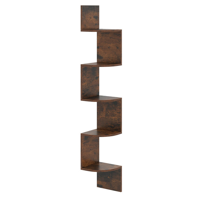 5-Tier Corner Wall Shelf, Floating Design, Rustic Brown