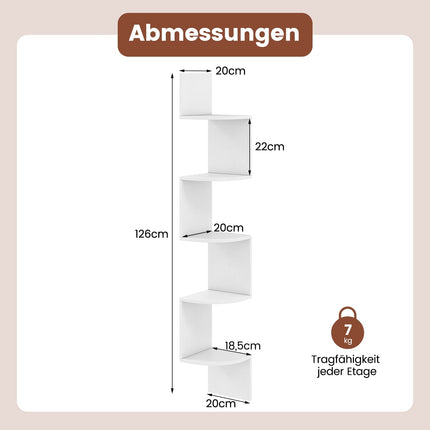 5-Tier Corner Wall Shelf, Floating White Bookshelf