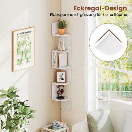 5-Tier Corner Wall Shelf, Floating White Bookshelf