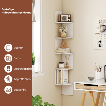 5-Tier Corner Wall Shelf, Floating White Bookshelf