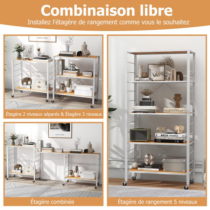 5-Tier Foldable Metal Shelving Unit With Wheels, Adjustable