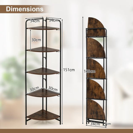 5-Tier Folding Corner Shelf, Metal Frame, Rustic Brown