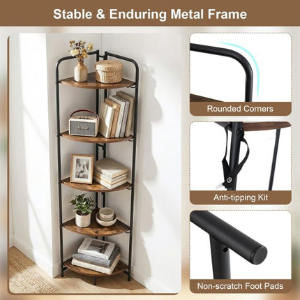 5-Tier Folding Corner Shelf, Metal Frame, Rustic Brown