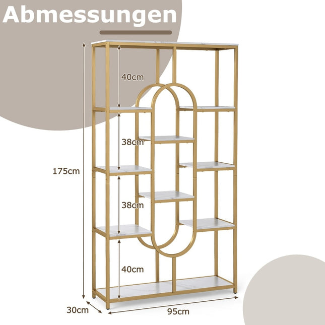 5-Tier Geometric Bookshelf, White & Gold, Metal Frame