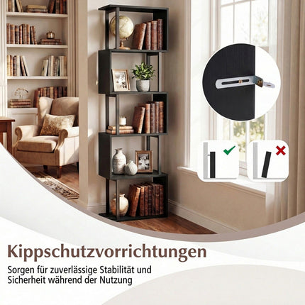 5-Tier Geometric Bookshelf with Anti-Tip, Black