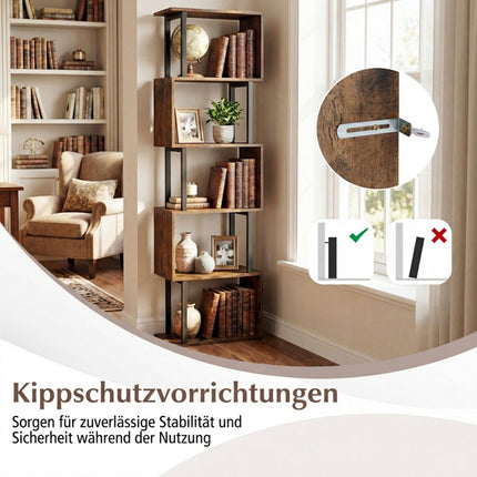 5-Tier Geometric Bookshelf with Anti-Tip, Rustic Brown
