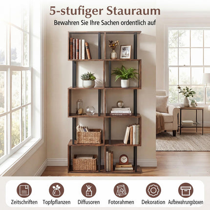 5-Tier Geometric Bookshelf with Anti-Tip, Rustic Brown