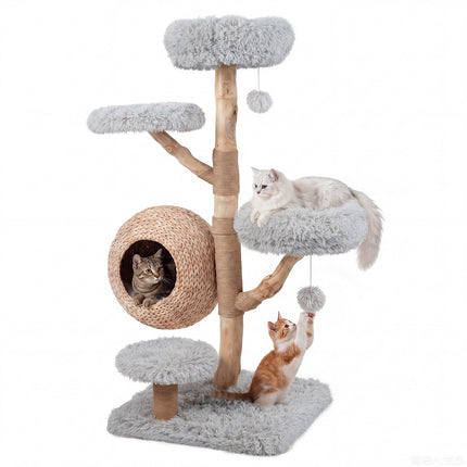 5-Tier Gray Wooden Cat Tree with Plush Perches & Jute Posts