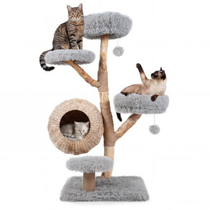 5-Tier Gray Wooden Cat Tree with Plush Perches & Jute Posts