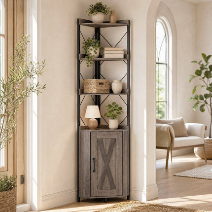 5-Tier Grey Corner Shelf with Cabinet and Fall Protection
