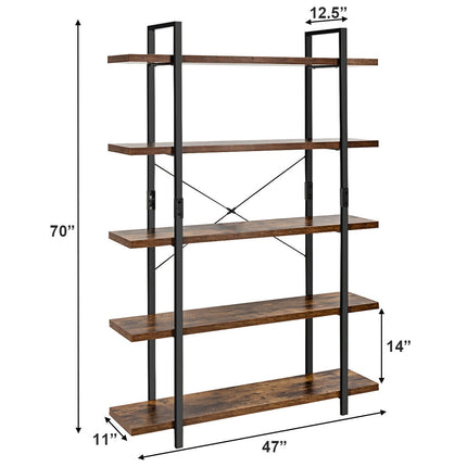 5-Tier Industrial Bookcase, Metal Frame, Anti-Tip