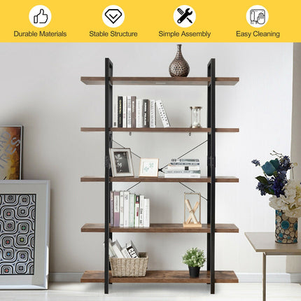 5-Tier Industrial Bookcase, Metal Frame, Anti-Tip