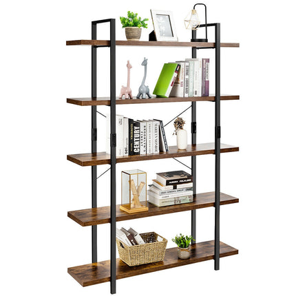 5-Tier Industrial Bookcase, Metal Frame, Anti-Tip