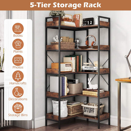 5-Tier L-Shaped Corner Bookshelf, Brown, 72x69x167 cm