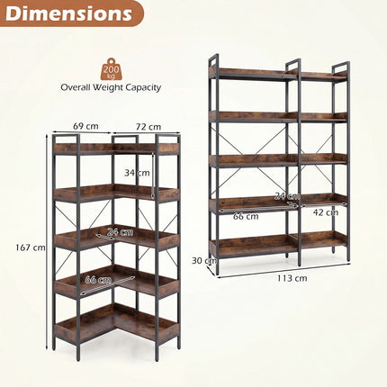 5-Tier L-Shaped Corner Bookshelf, Brown, 72x69x167 cm