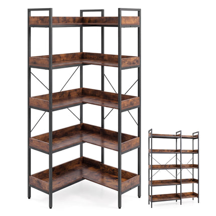 5-Tier L-Shaped Corner Bookshelf, Brown, 72x69x167 cm