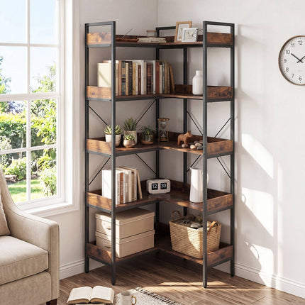 5-Tier L-Shaped Corner Bookshelf, Brown, 72x69x167 cm