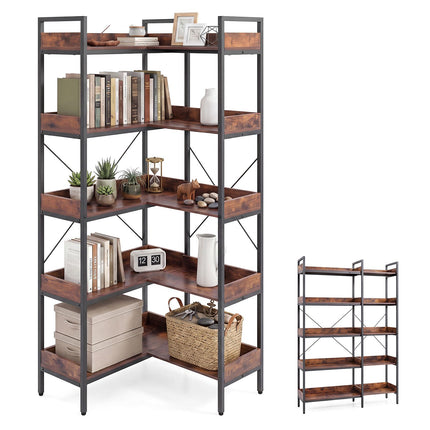 5-Tier L-Shaped Corner Bookshelf, Brown, 72x69x167 cm