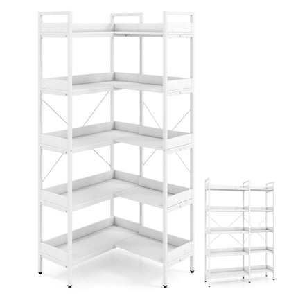 5-Tier L-Shaped Corner Bookshelf, Wood, White, 72x69x167 cm