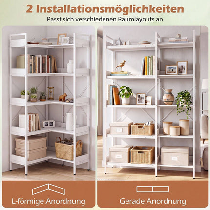5-Tier L-Shaped Corner Bookshelf, Wood, White, 72x69x167 cm