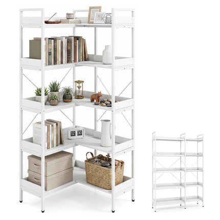 5-Tier L-Shaped Corner Bookshelf, Wood, White, 72x69x167 cm