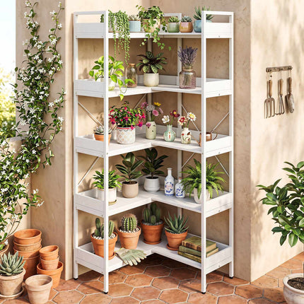 5-Tier L-Shaped Corner Bookshelf, Wood, White, 72x69x167 cm