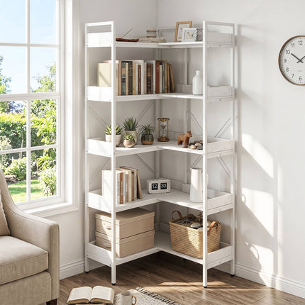 5-Tier L-Shaped Corner Bookshelf, Wood, White, 72x69x167 cm
