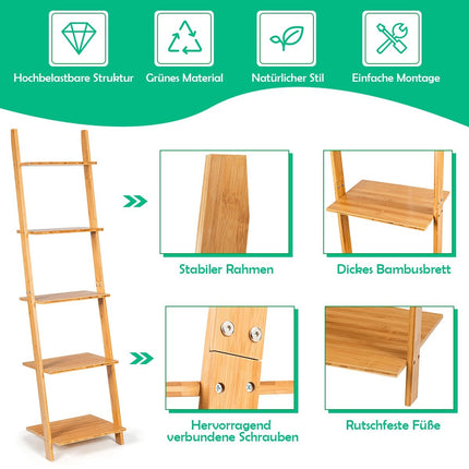 5 Tier Ladder Shelf Made of Bamboo Narrow Bookcase Standing Shelf 43 x 35 x 165 cm Natural