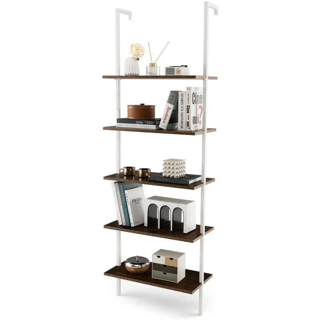 5 Tier Ladder Shelf Wall Mounted 180cm Bookcase with Metal Frame Brown