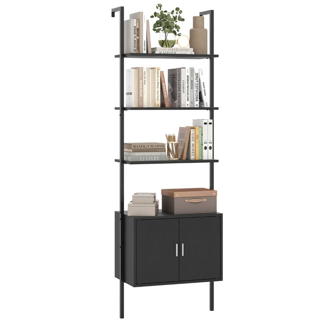 5-Tier Ladder Shelf with Cabinet, Black Metal Frame, 60x35x184 cm