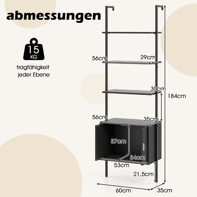 5-Tier Ladder Shelf with Cabinet, Black Metal Frame, 60x35x184 cm