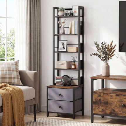5-Tier Media Storage Rack with Drawers & Book Stoppers