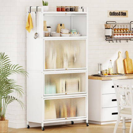 5-Tier Metal Pantry Cabinet with 4 Folding Doors, White