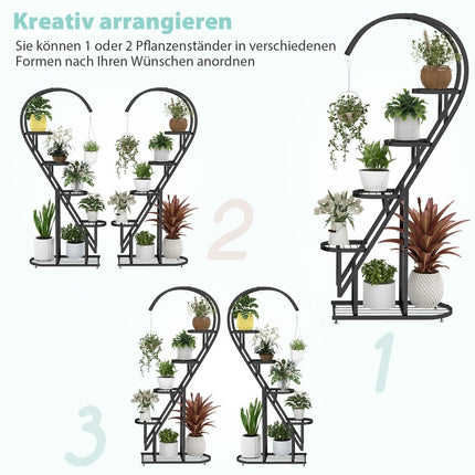 5-Tier Metal Plant Stand Heart-Shaped Flower Shelf with Hooks 71 x 30.5 x 148 cm Black