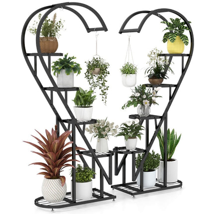 5-Tier Metal Plant Stand Heart-Shaped Flower Shelf with Hooks 71 x 30.5 x 148 cm Black