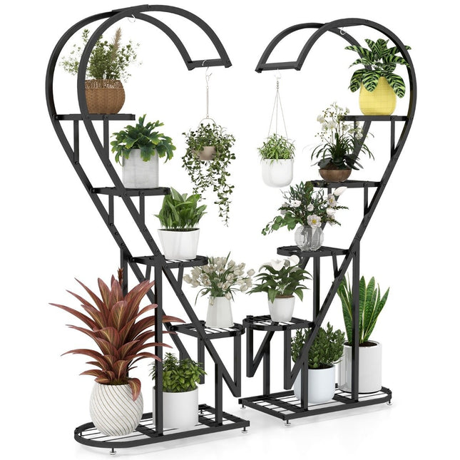 5-Tier Metal Plant Stand Heart-Shaped Flower Shelf with Hooks 71 x 30.5 x 148 cm Black
