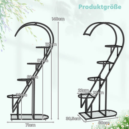 5-Tier Metal Plant Stand Heart-Shaped Flower Shelf with Hooks 71 x 30.5 x 148 cm Black