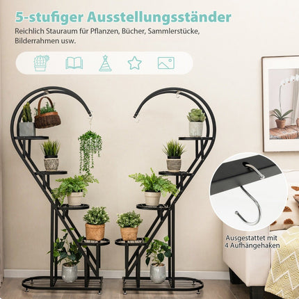5-Tier Metal Plant Stand Heart-Shaped Flower Shelf with Hooks 71 x 30.5 x 148 cm Black