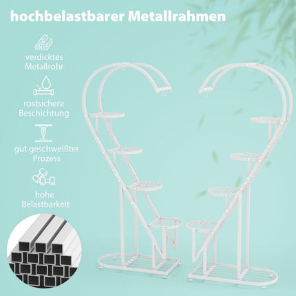 5-Tier Metal Plant Stand Heart-Shaped Flower Shelf with Hooks 71 x 30.5 x 148 cm White