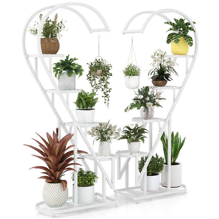 5-Tier Metal Plant Stand Heart-Shaped Flower Shelf with Hooks 71 x 30.5 x 148 cm White