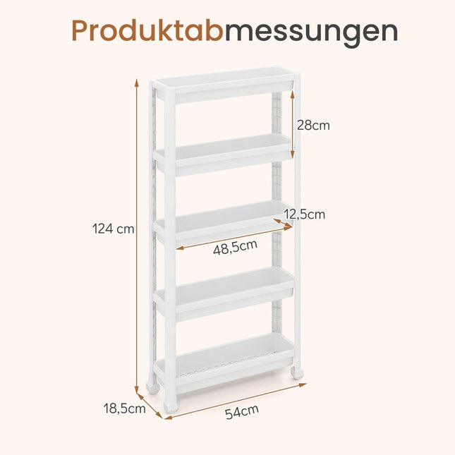 Smalle keukenrolwagen met 5 etages en handgrepen, wit