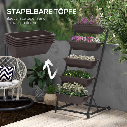 5-Tier Plant Stand with Wheels, 145 cm High, Steel