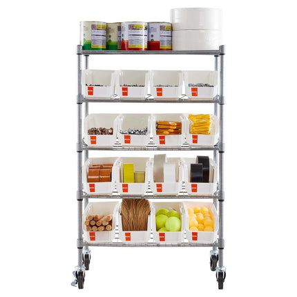 5-Tier Rolling Bin Storage Rack, 16 Bins, Steel with Wheels